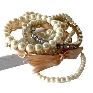 Cute Pearls and Pink Bow Bracelet Set for Women, Chic Girly Accessories